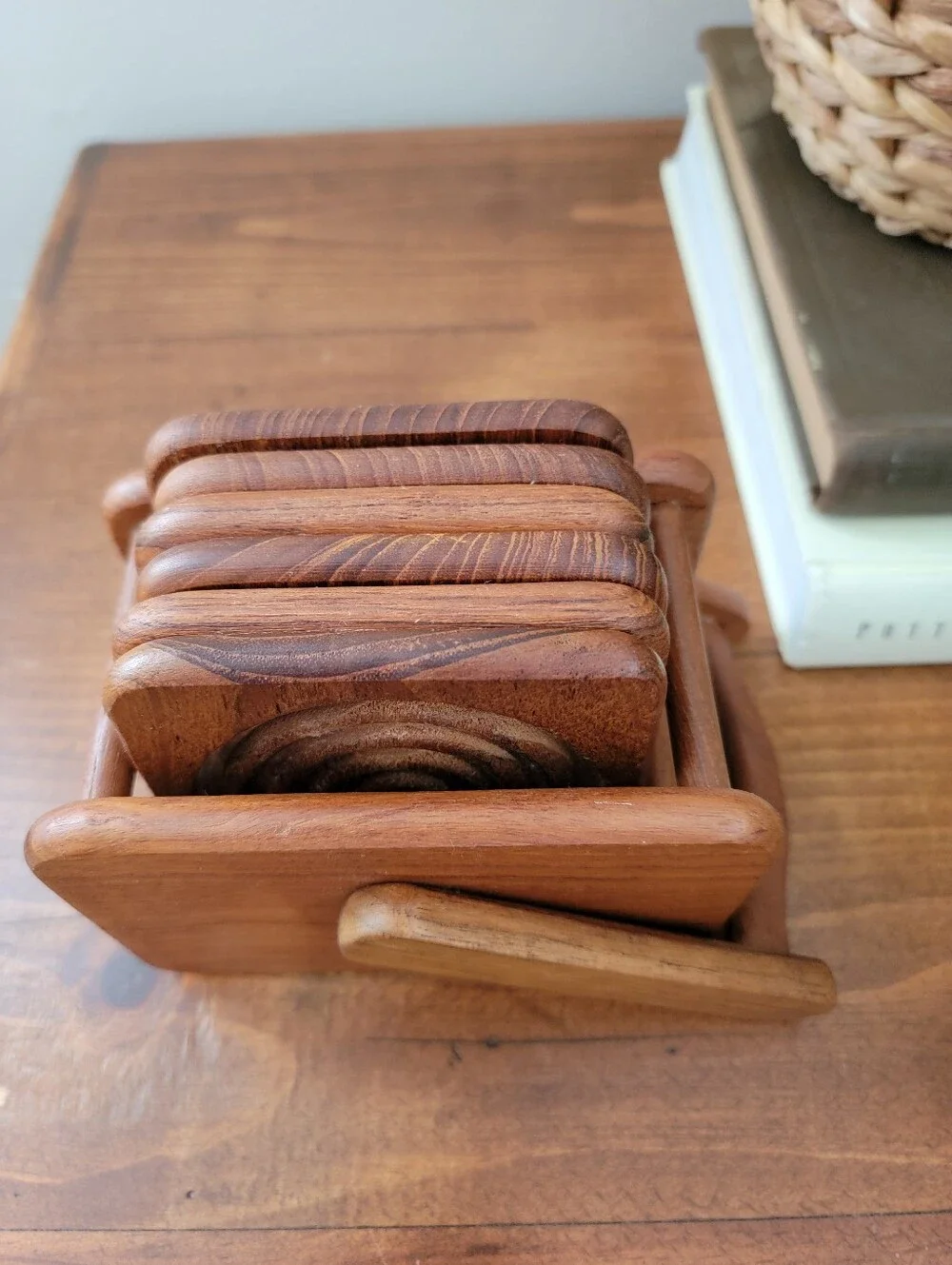 Vintage MCM Dolphin Teakwood 6 Piece Coaster Set & Caddy Mid-Century Modern
